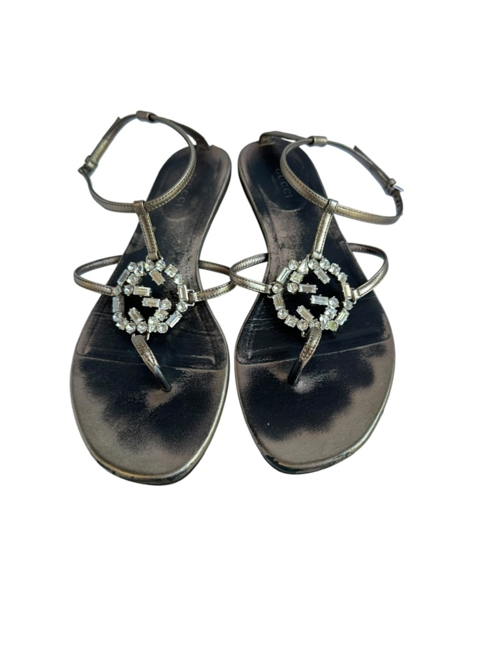 GUCCI Copper Metallic Leather GG Logo Jeweled Flat Thong Sandals Women 9.5 39.5